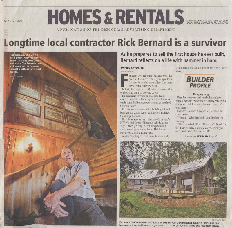 Article on cover of Home section of the Oregonian featuring Rick Bernard Custom Builder as a Survivor.