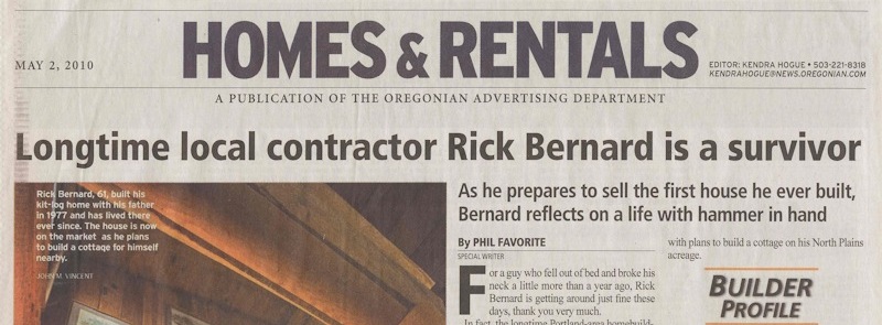 Article in Oregonian on Rick Bernard recovering from back injury and building homes in Street of Dreams.