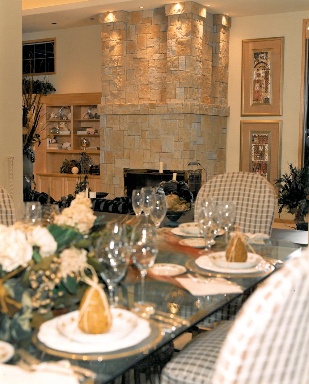 Oregon Spirit 1997 - Dining Area and Stone Fireplace - Bernard Custom Homes - Street of Dreams.